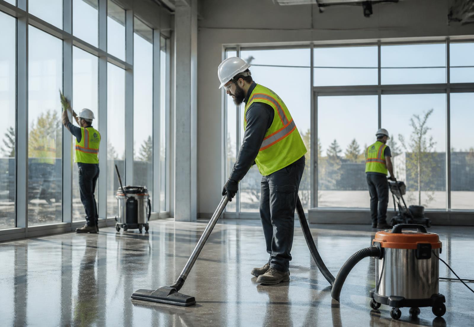 Équipe d'entretien ménager nettoyant un chantier de construction commercial